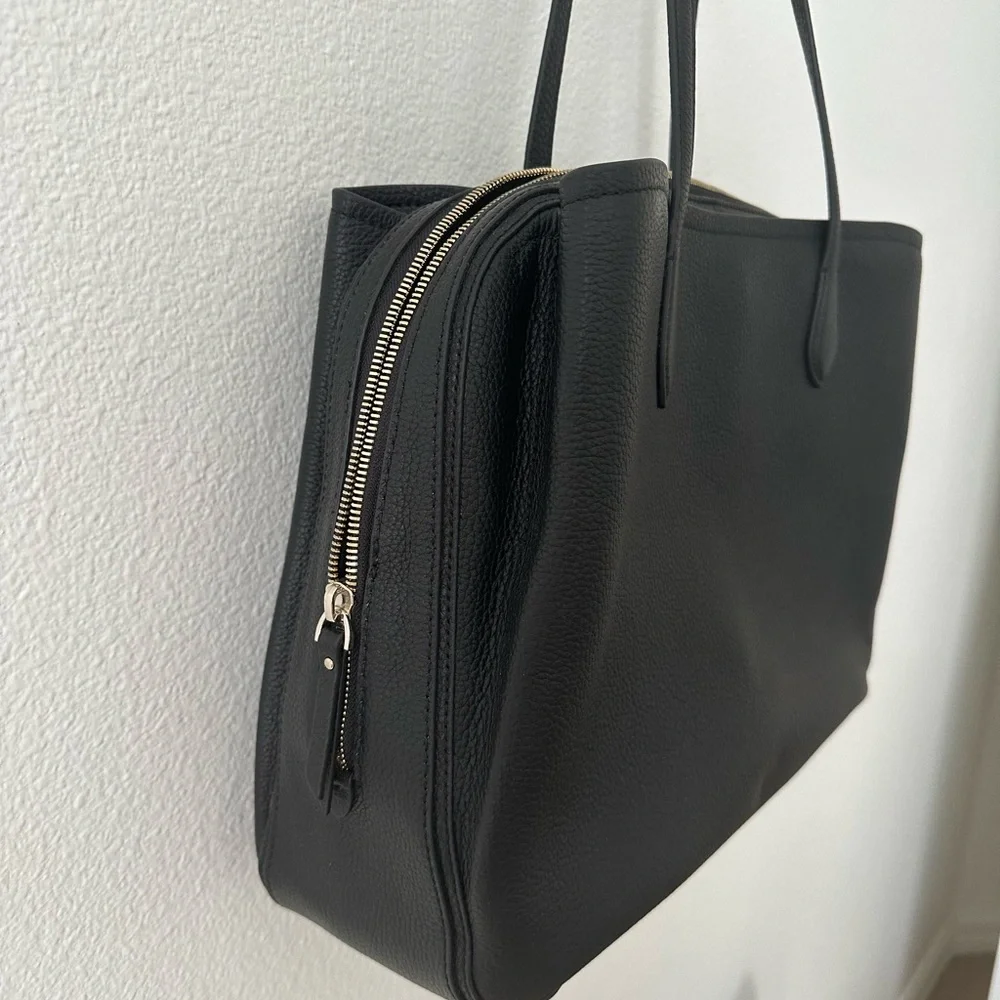 NWOT QUINCE Italian Black Leather Triple Compartment Work Bag - Picture 1 of 13